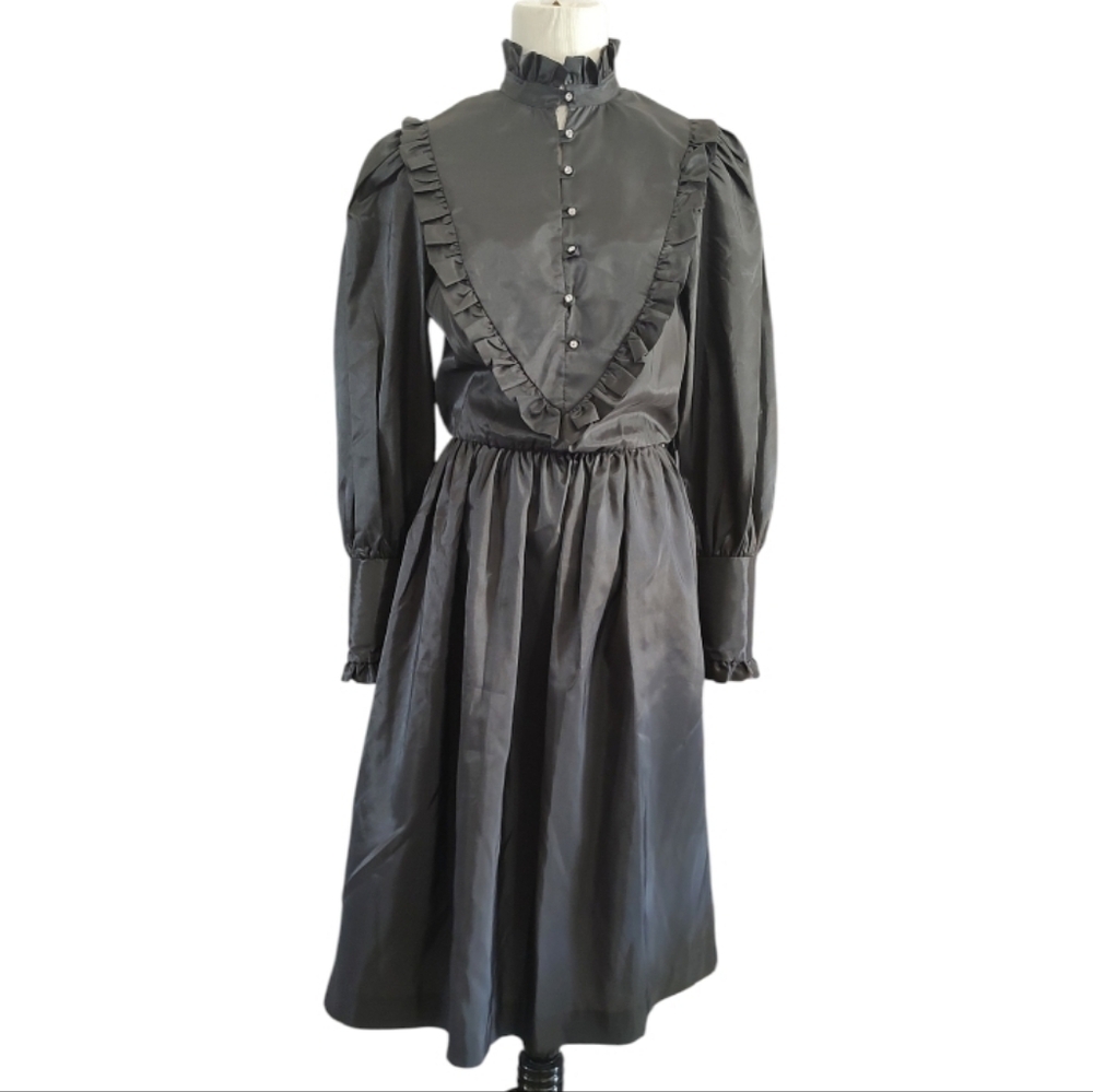 Vintage Black Long Sleeve Ruffle Details High Neckline Gothic Victorian Dress